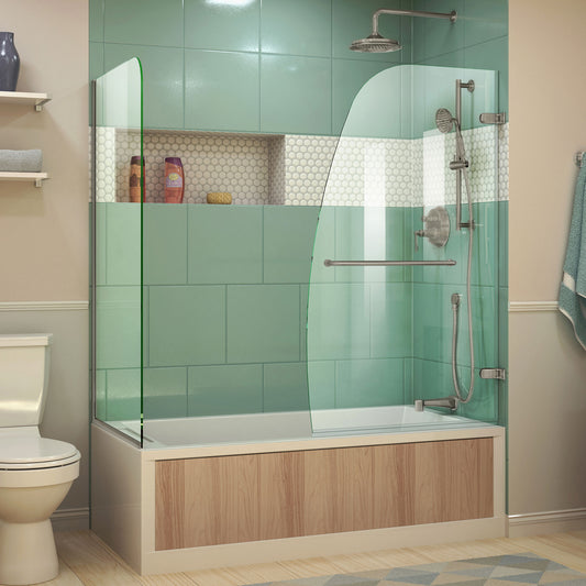 Aqua Uno 56-60 in. W x 30 in. D x 58 in. H Frameless Hinged Tub Door with Return Panel in Brushed Nickel
