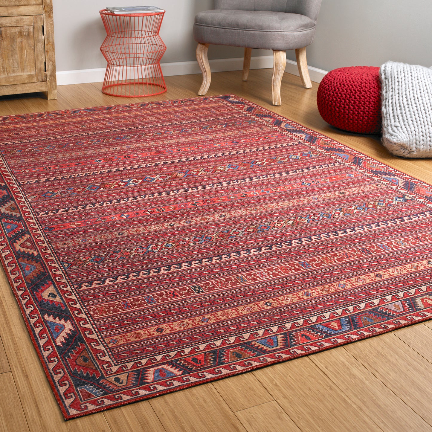 Kaleen Boho Patio Collection Red Navy Throw Rug 3' x 5'
