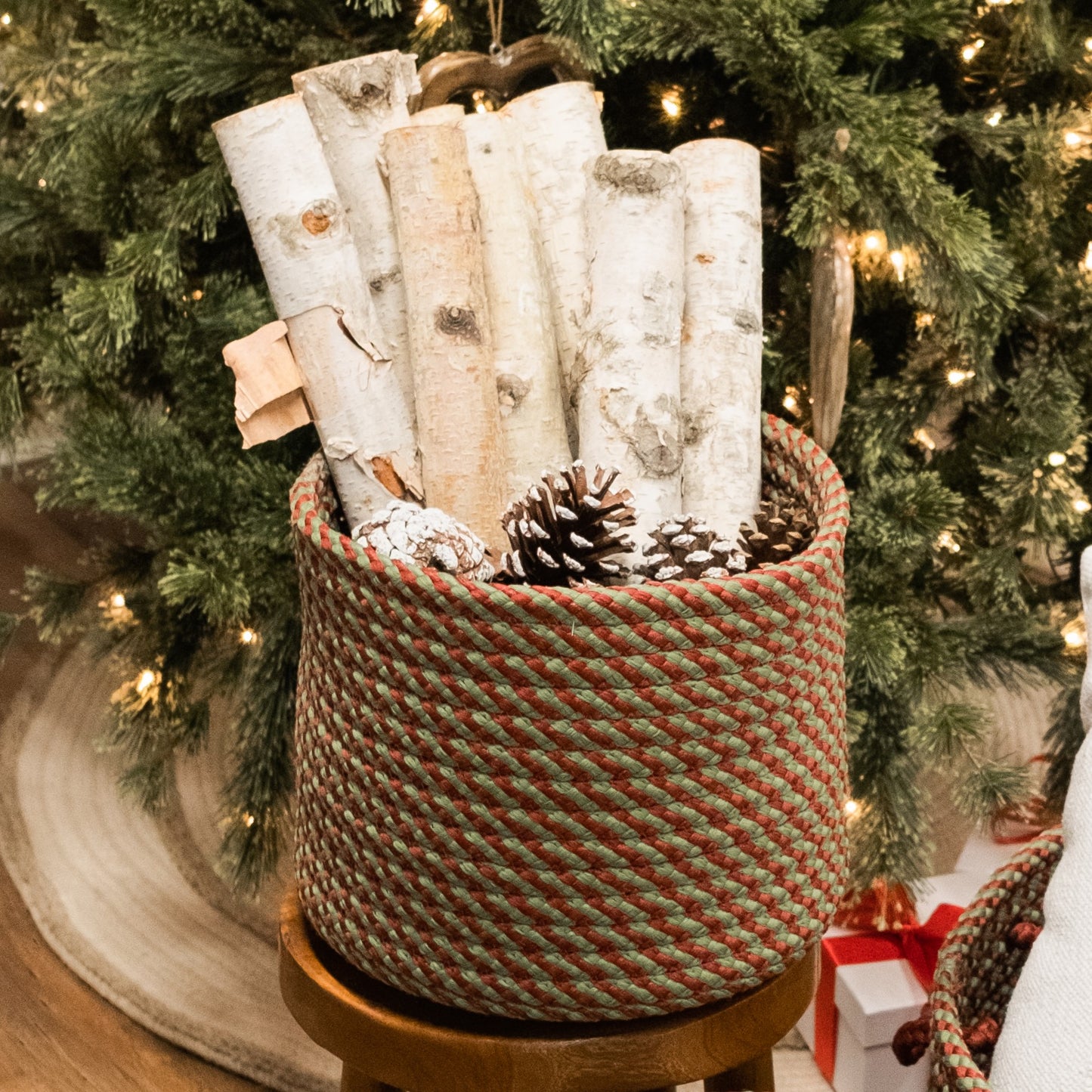 Twisted Christmas Woven Basket - Green/Red 12"x12"x10"