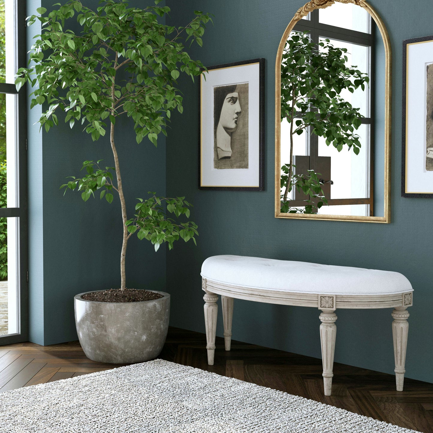 Butler Specialty Company, Tamara Upholstered Demilune 45"W Bench, Gray/Beige