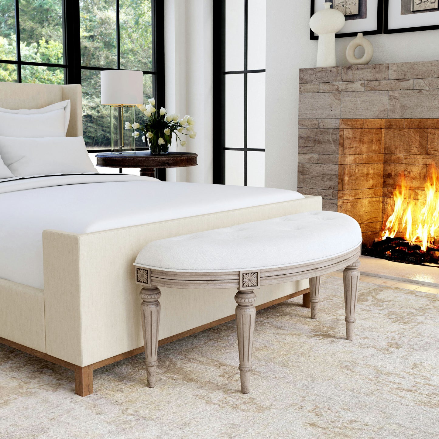 Butler Specialty Company, Tamara Upholstered Demilune 45"W Bench, Gray/Beige