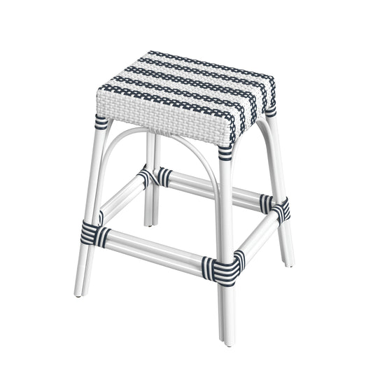 Robias Rectangular Rattan 24.5" Counter Stool, White and Navy Stripe