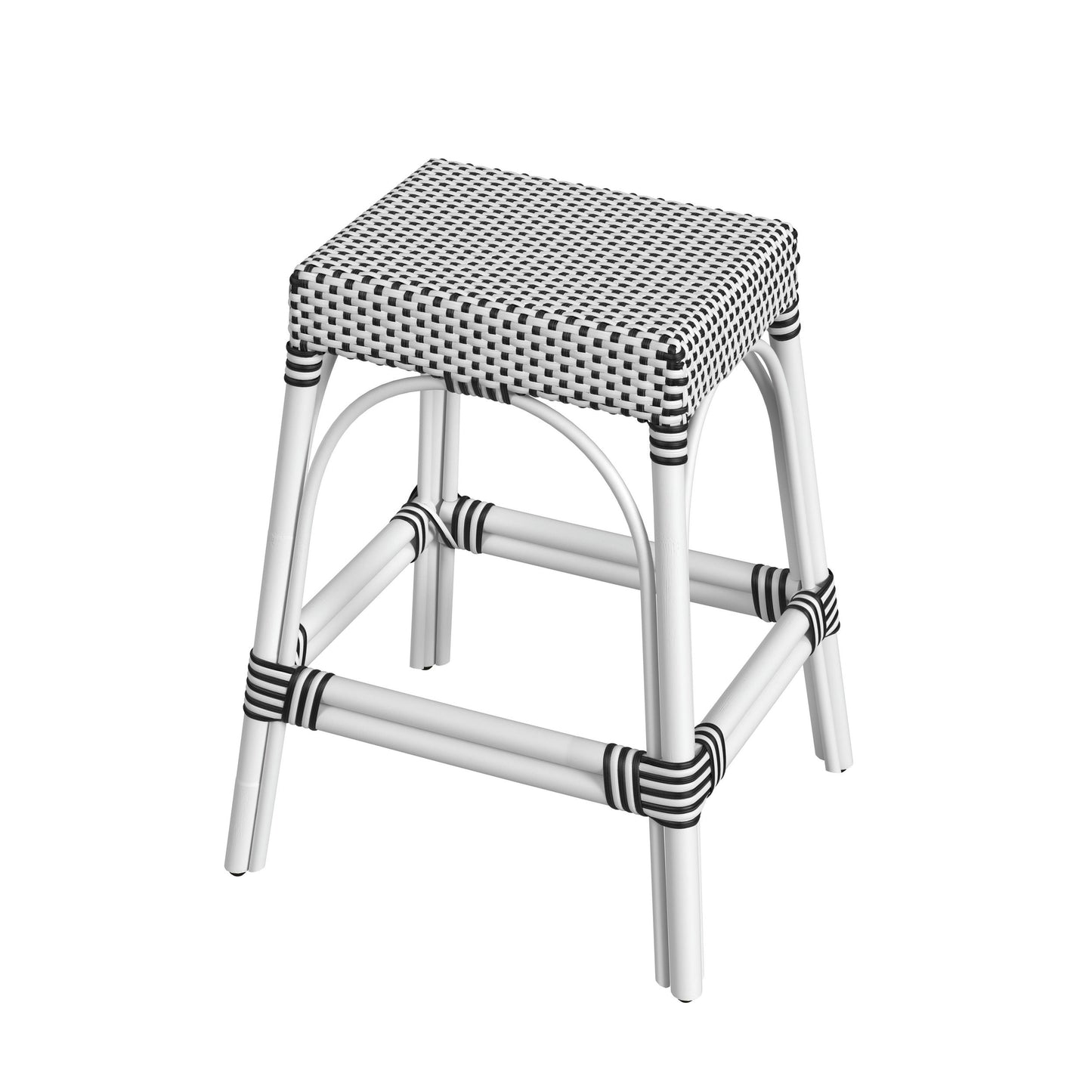 Robias Rectangular Rattan 24.5" Counter Stool, White and Black Dot