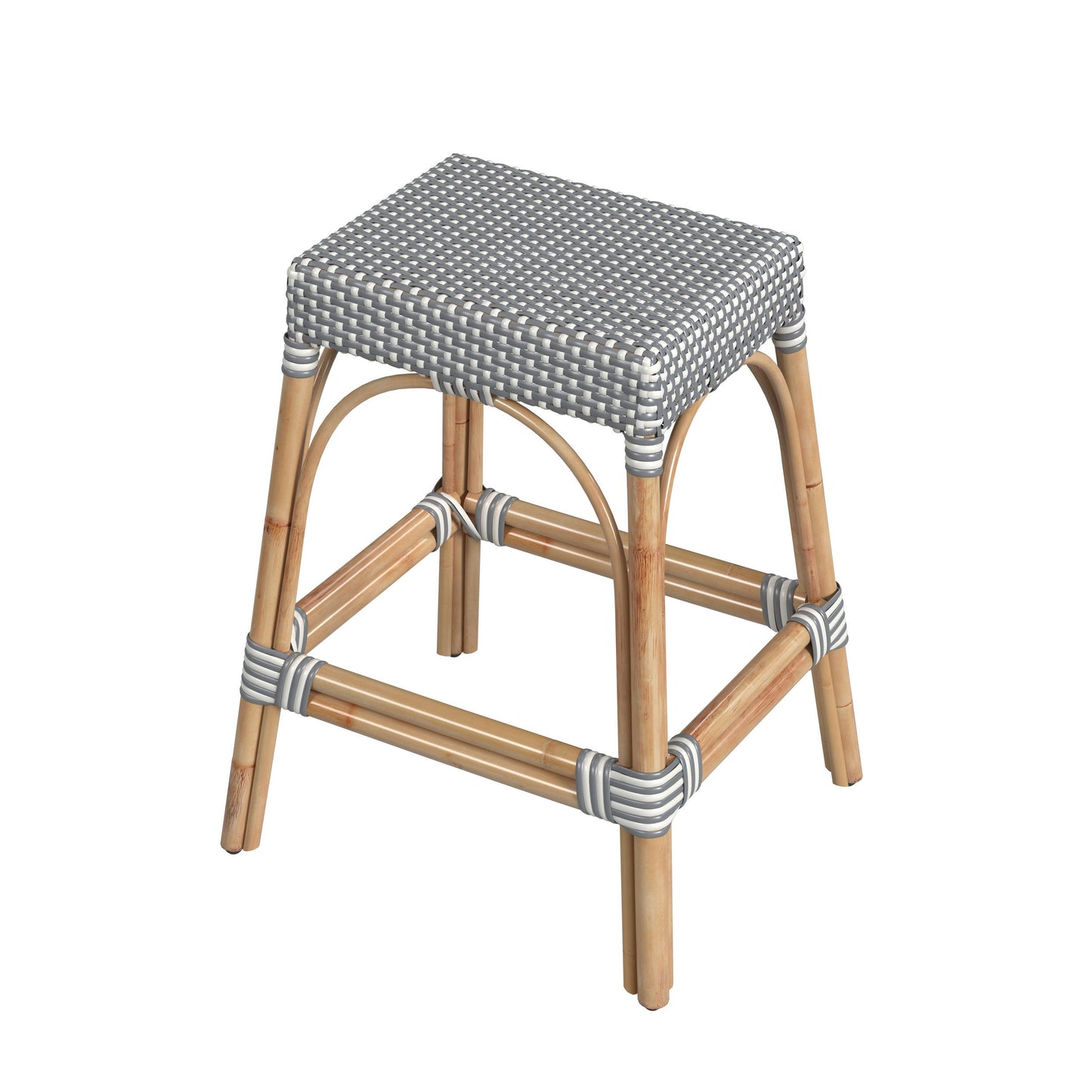 Robias Rectangular Rattan 24.5" Counter Stool, White and Gray Dot