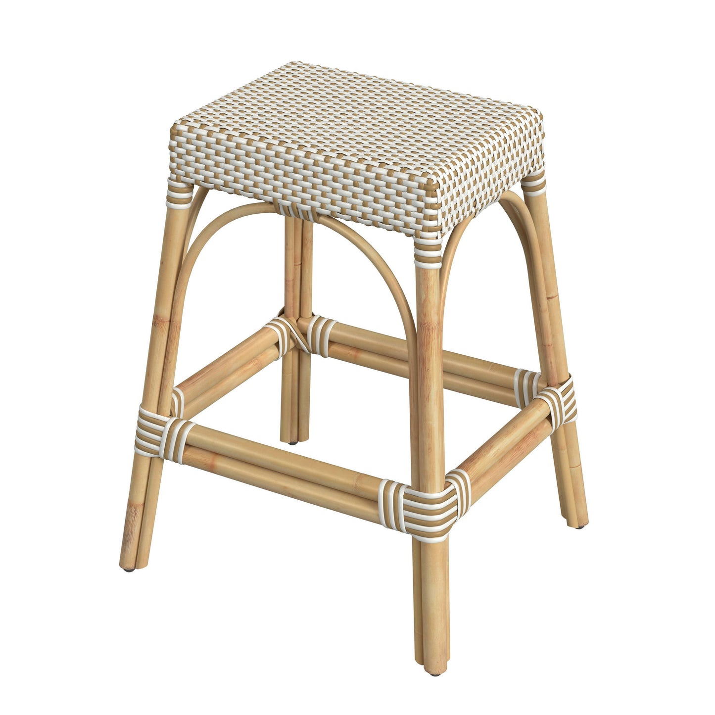 Robias Rectangular Rattan 24.5" Counter Stool, White and Tan Dot