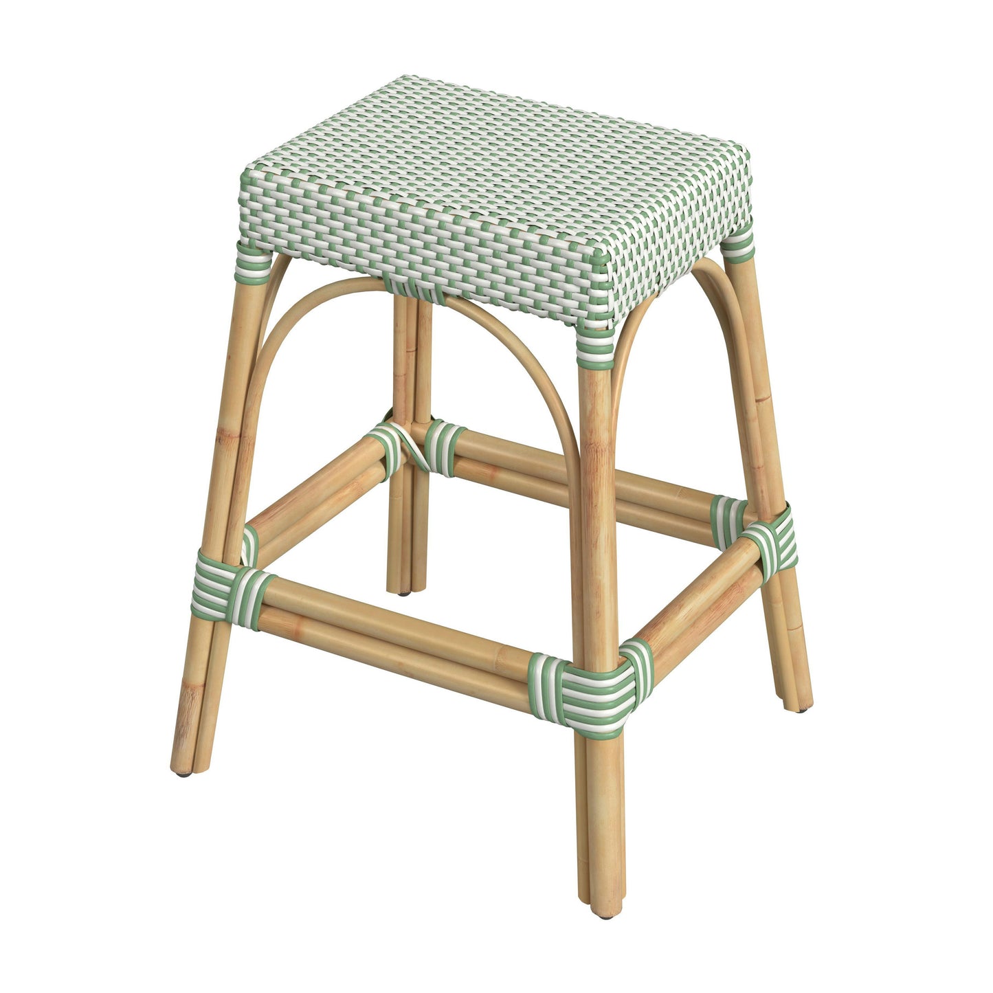 Robias Rectangular Rattan 24.5" Counter Stool, White and Green Dot