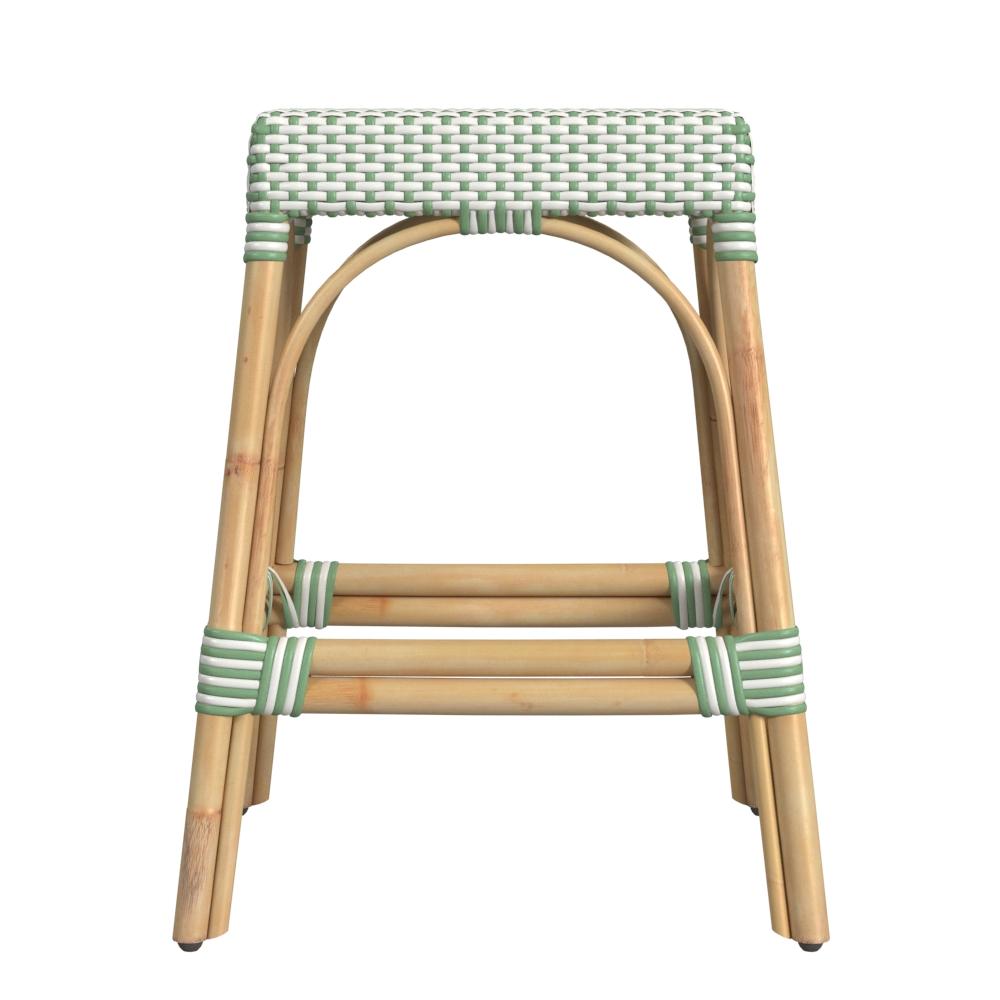 Robias Rectangular Rattan 24.5" Counter Stool, White and Green Dot