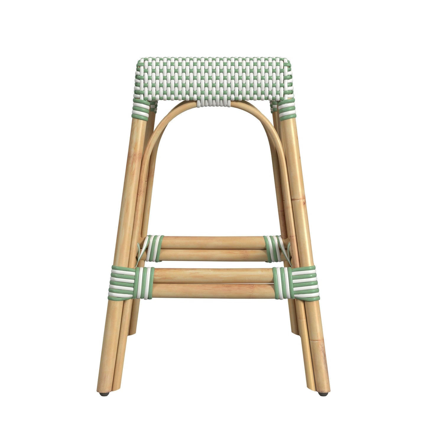 Robias Rectangular Rattan 24.5" Counter Stool, White and Green Dot