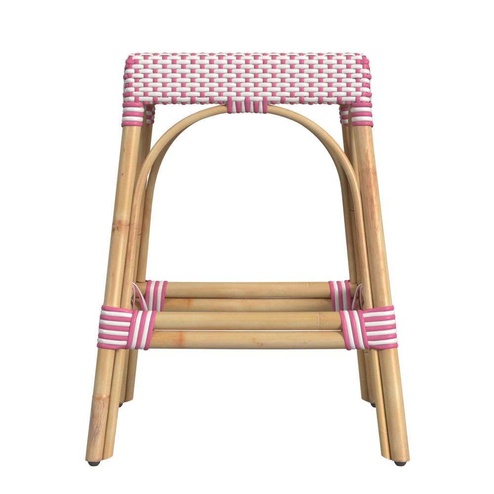 Robias Rectangular Rattan 24.5" Counter Stool, White and Pink Dot