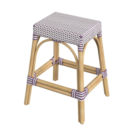 Robias Rectangular Rattan 24.5" Counter Stool, White and Purple Dot