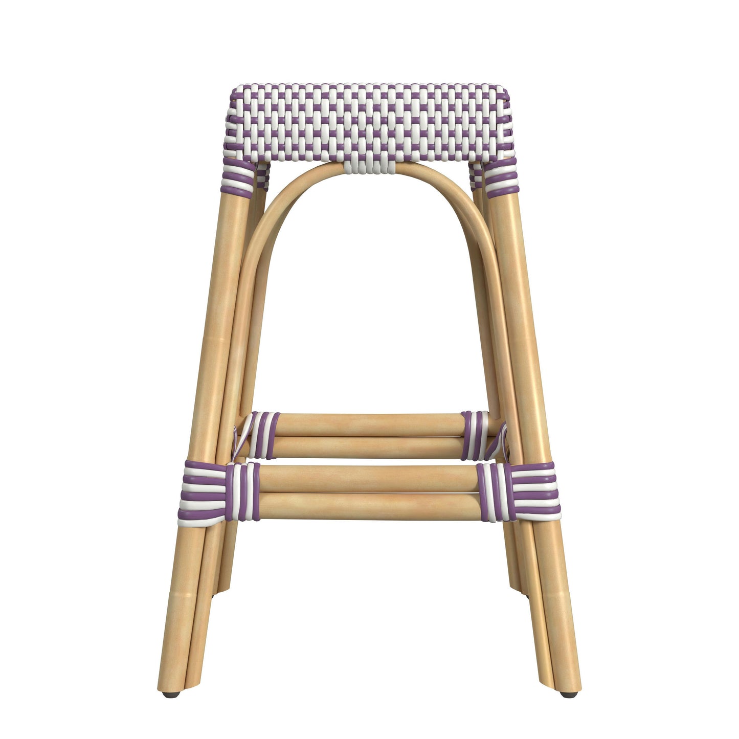 Robias Rectangular Rattan 24.5" Counter Stool, White and Purple Dot