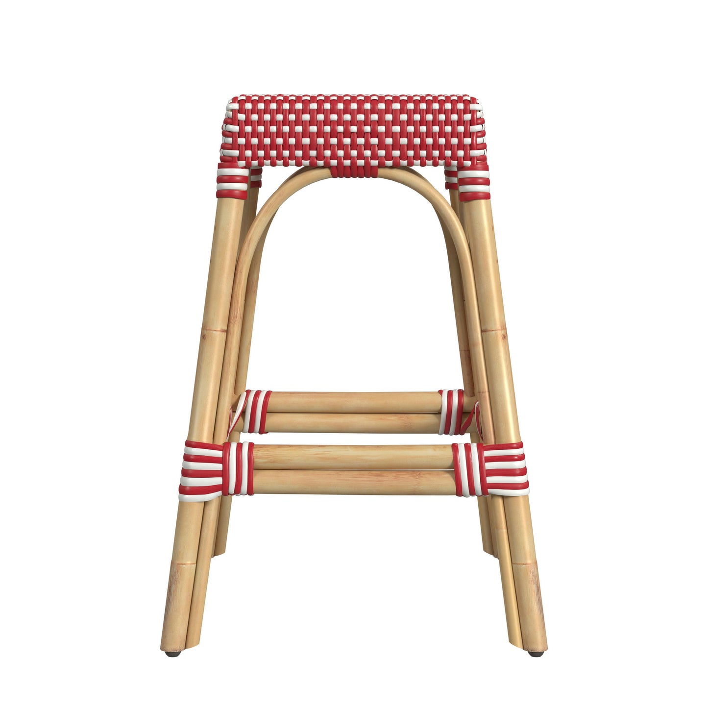 Robias Rectangular Rattan 24.5" Counter Stool, Red and White Dot