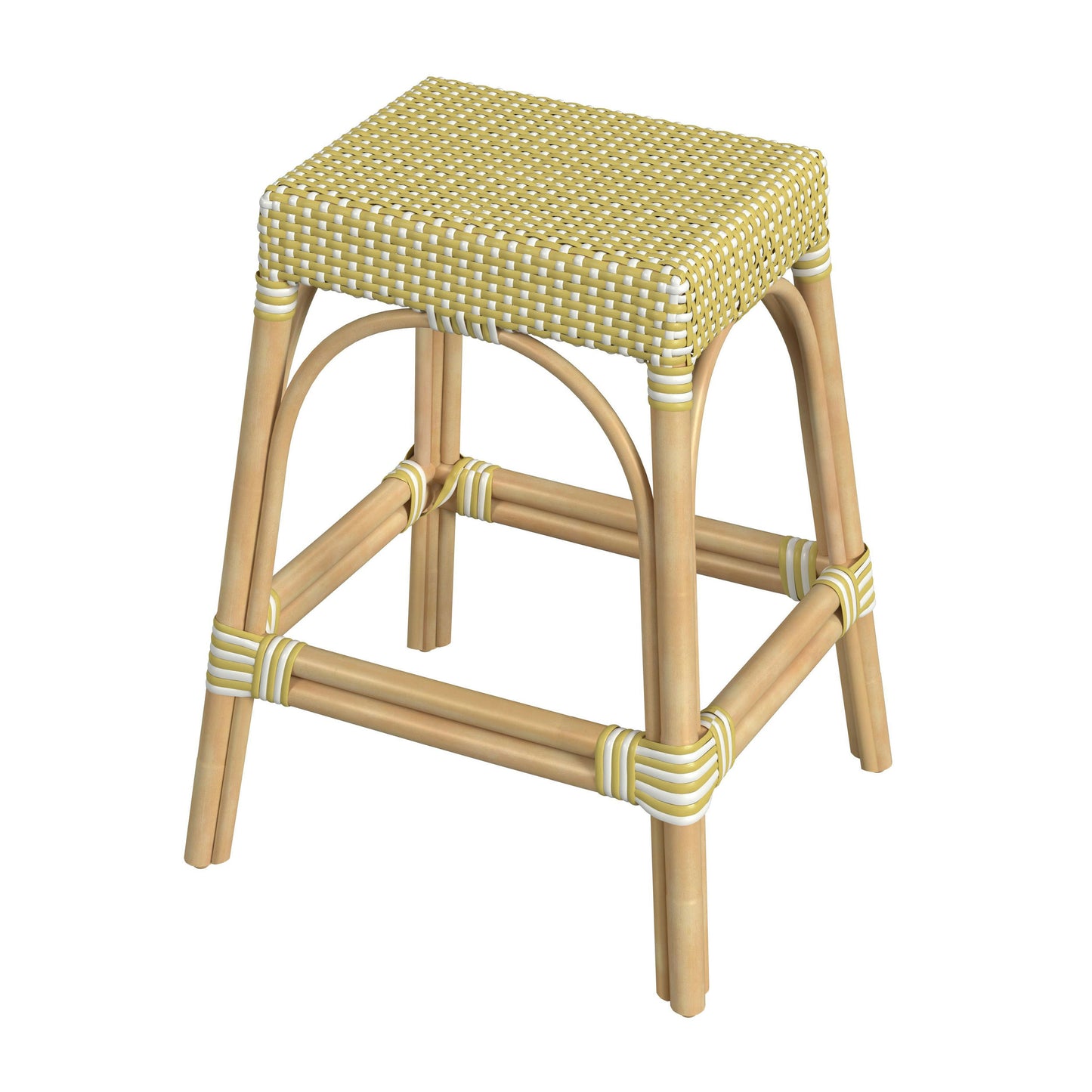 Robias Rectangular Rattan 24.5" Counter Stool, Yellow and White Dot