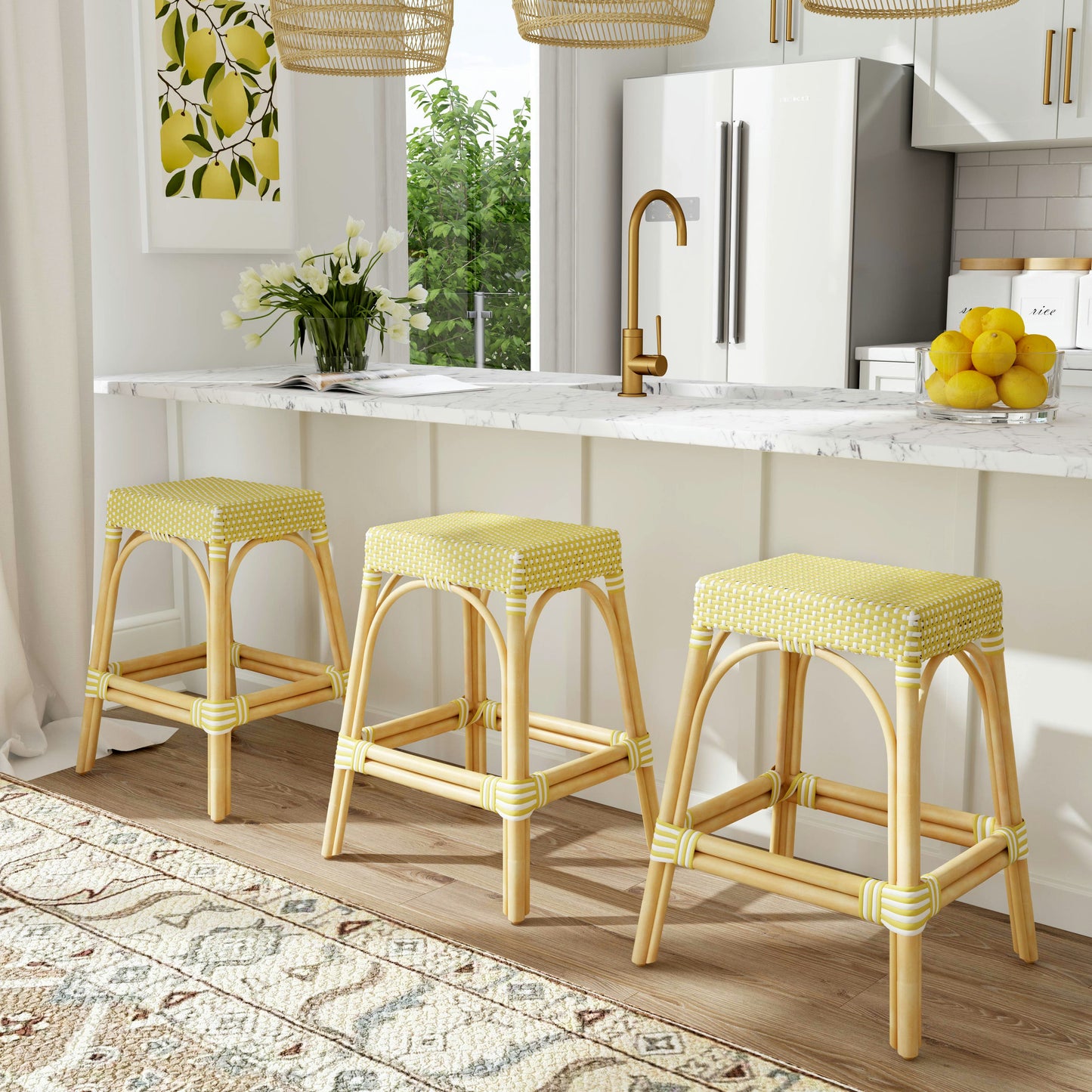 Robias Rectangular Rattan 24.5" Counter Stool, Yellow and White Dot