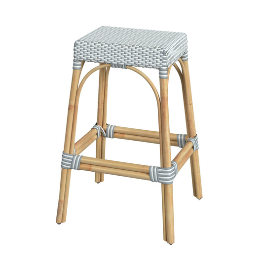 Robias Rectangular Rattan 30" Bar Stool, White and Sky Blue Dot