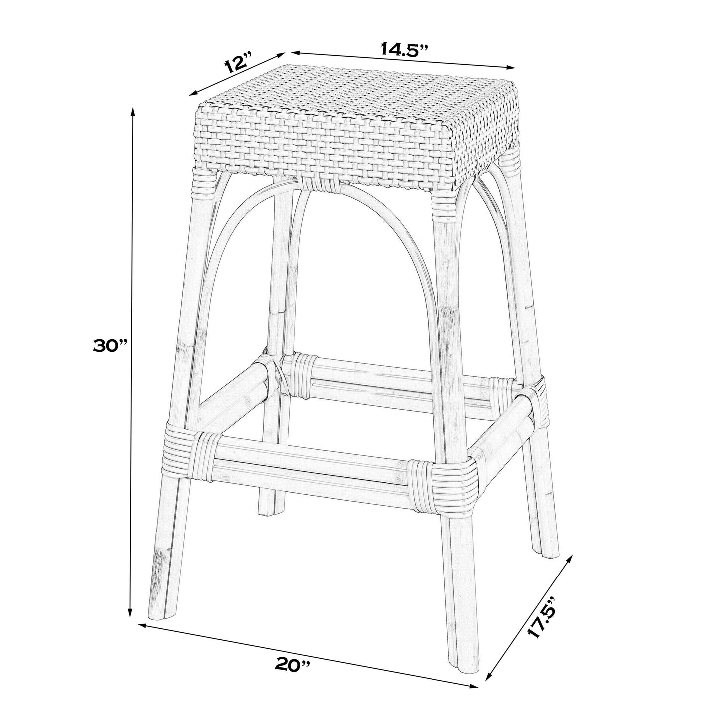 Robias Rectangular Rattan 30" Bar Stool, White and Sky Blue Dot