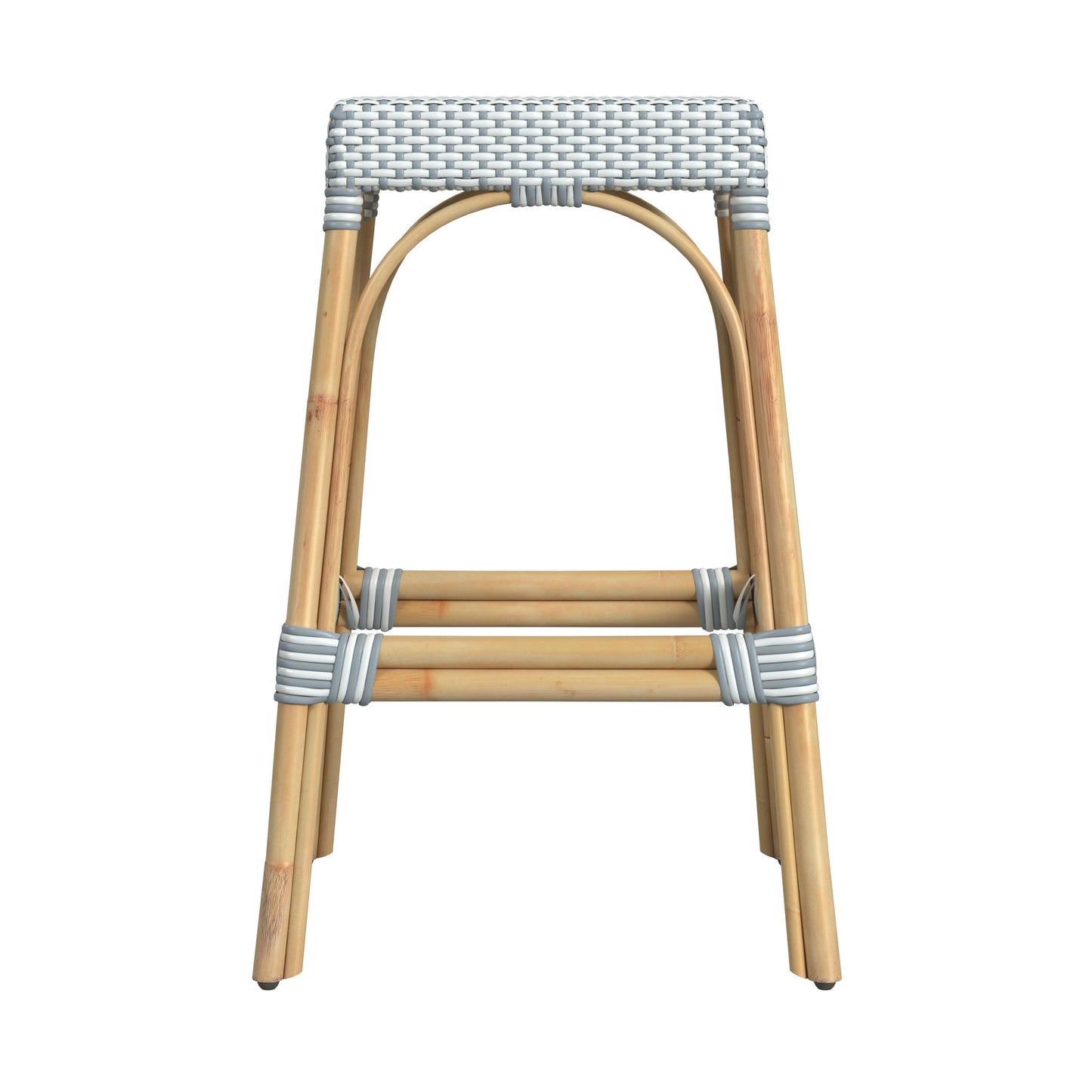 Robias Rectangular Rattan 30" Bar Stool, White and Sky Blue Dot