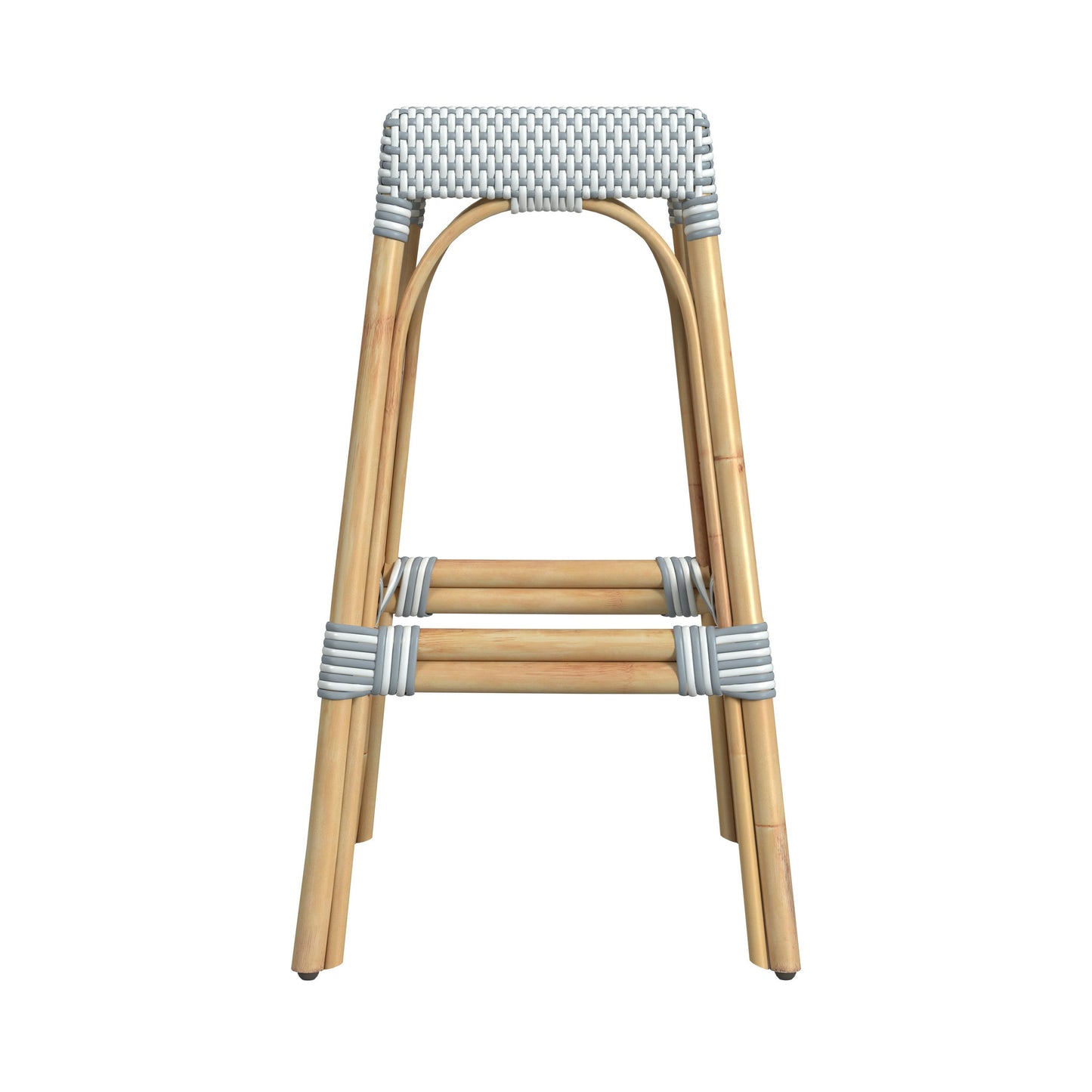 Robias Rectangular Rattan 30" Bar Stool, White and Sky Blue Dot