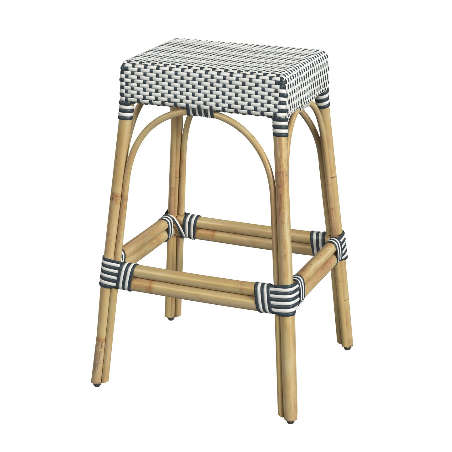 Robias Rectangular Rattan 30" Bar Stool, White and Navy Stripe