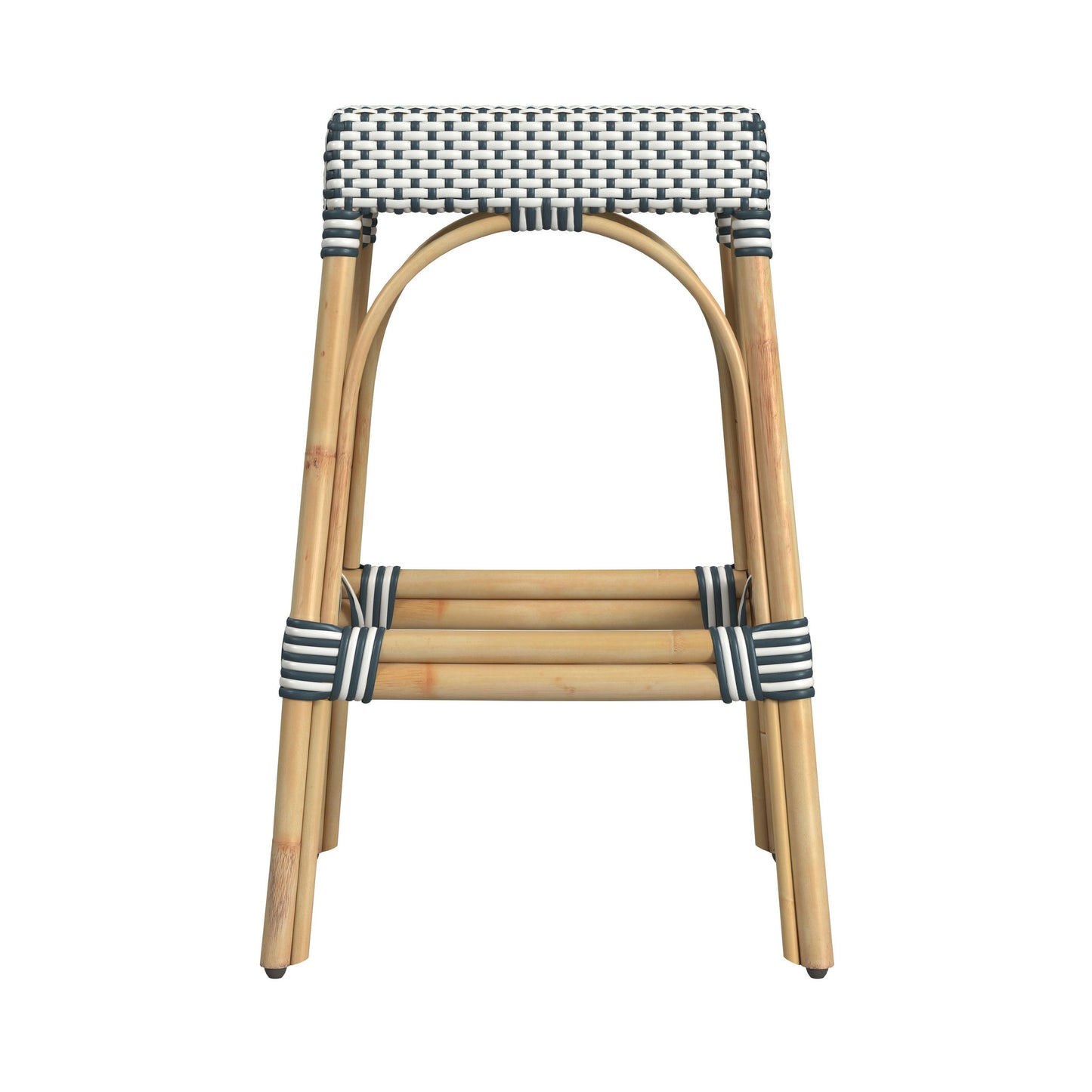 Robias Rectangular Rattan 30" Bar Stool, White and Navy Stripe