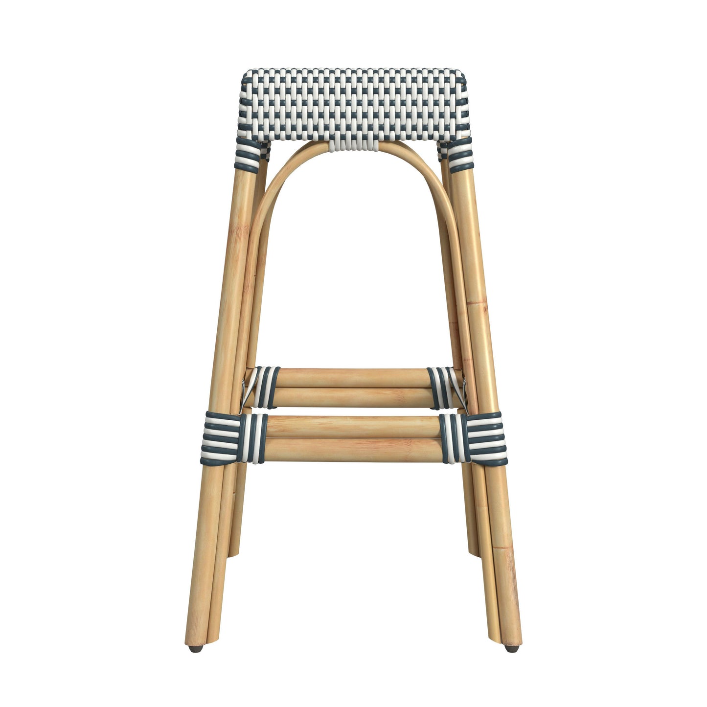 Robias Rectangular Rattan 30" Bar Stool, White and Navy Stripe