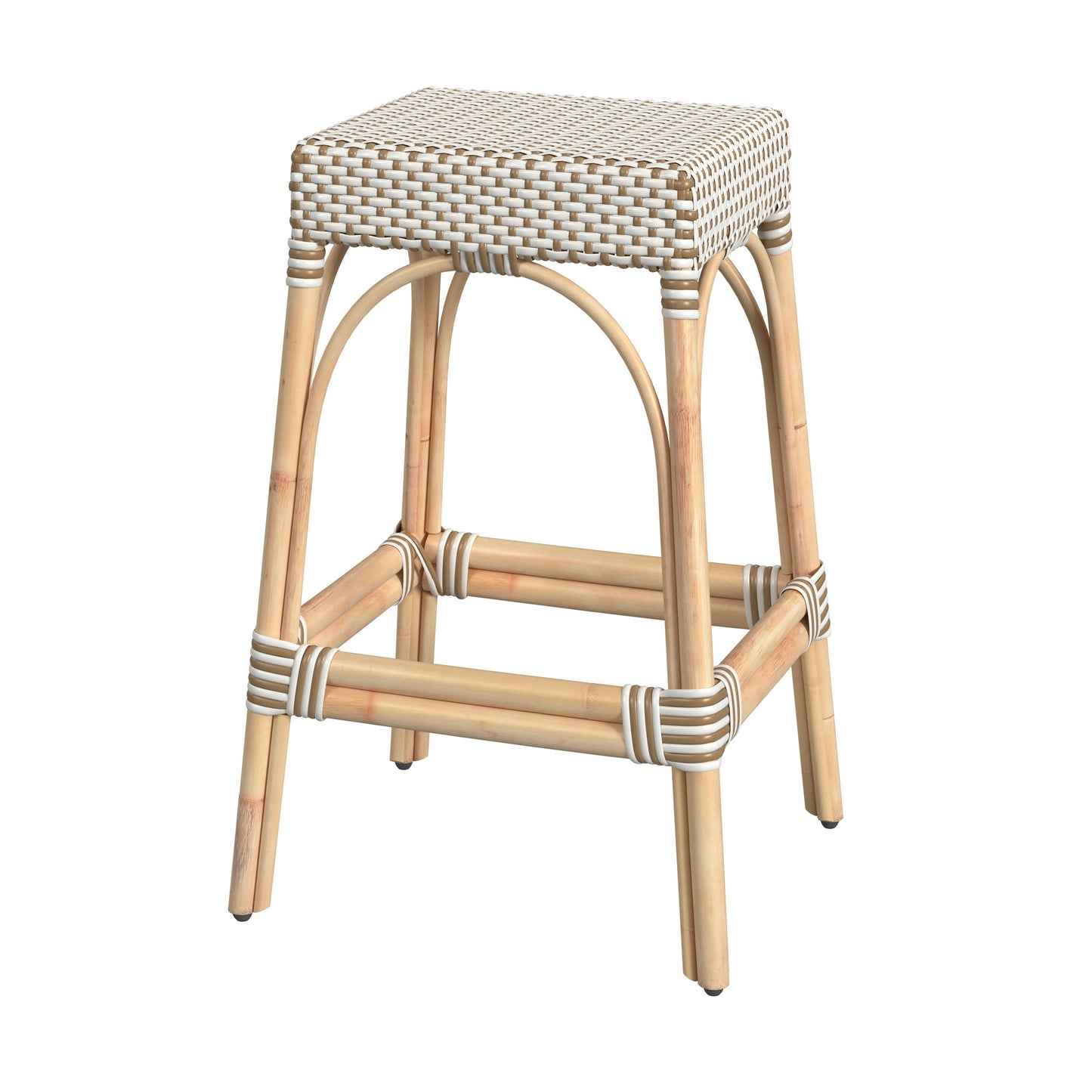 Robias Rectangular Rattan 30" Bar Stool, White and Tan Dot