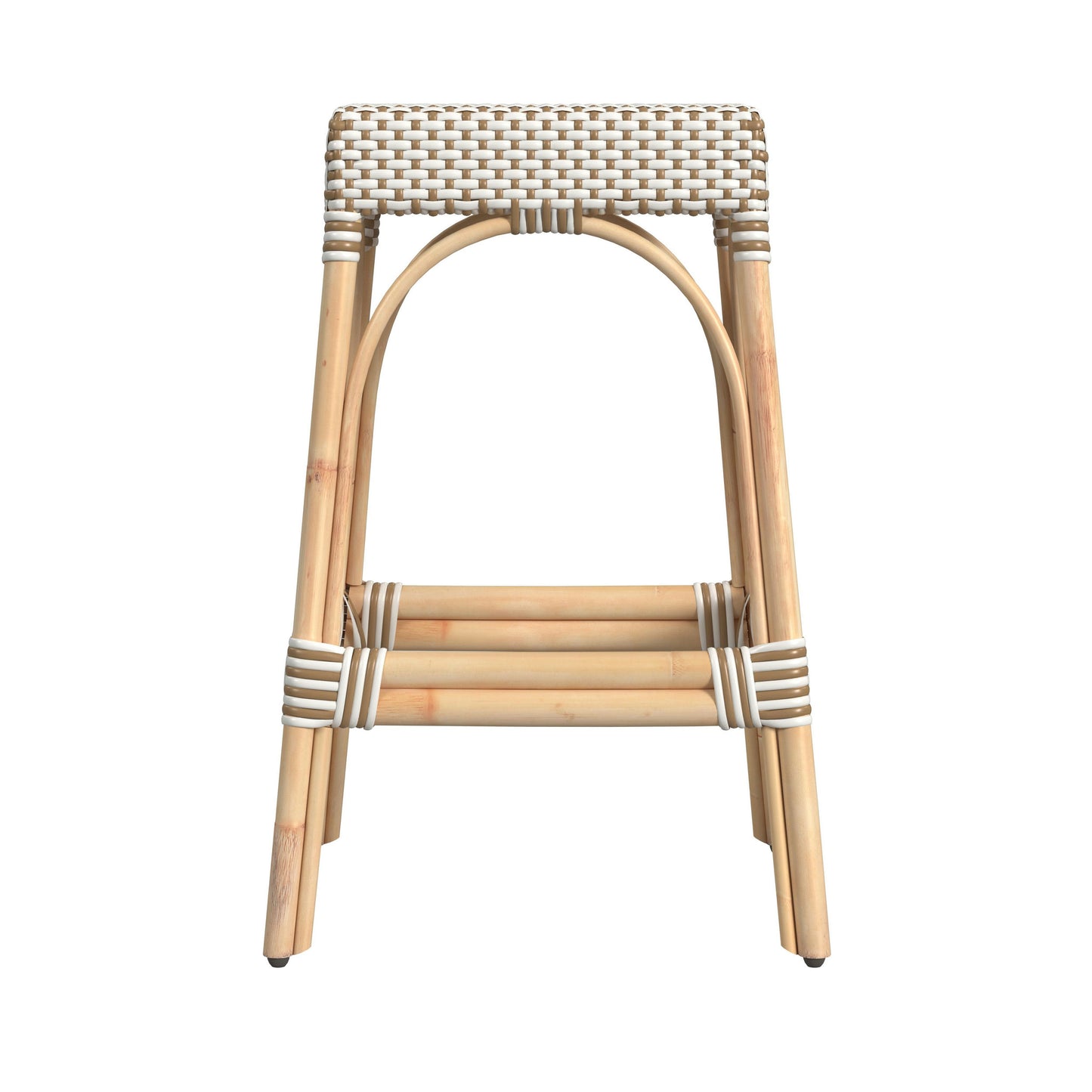 Robias Rectangular Rattan 30" Bar Stool, White and Tan Dot