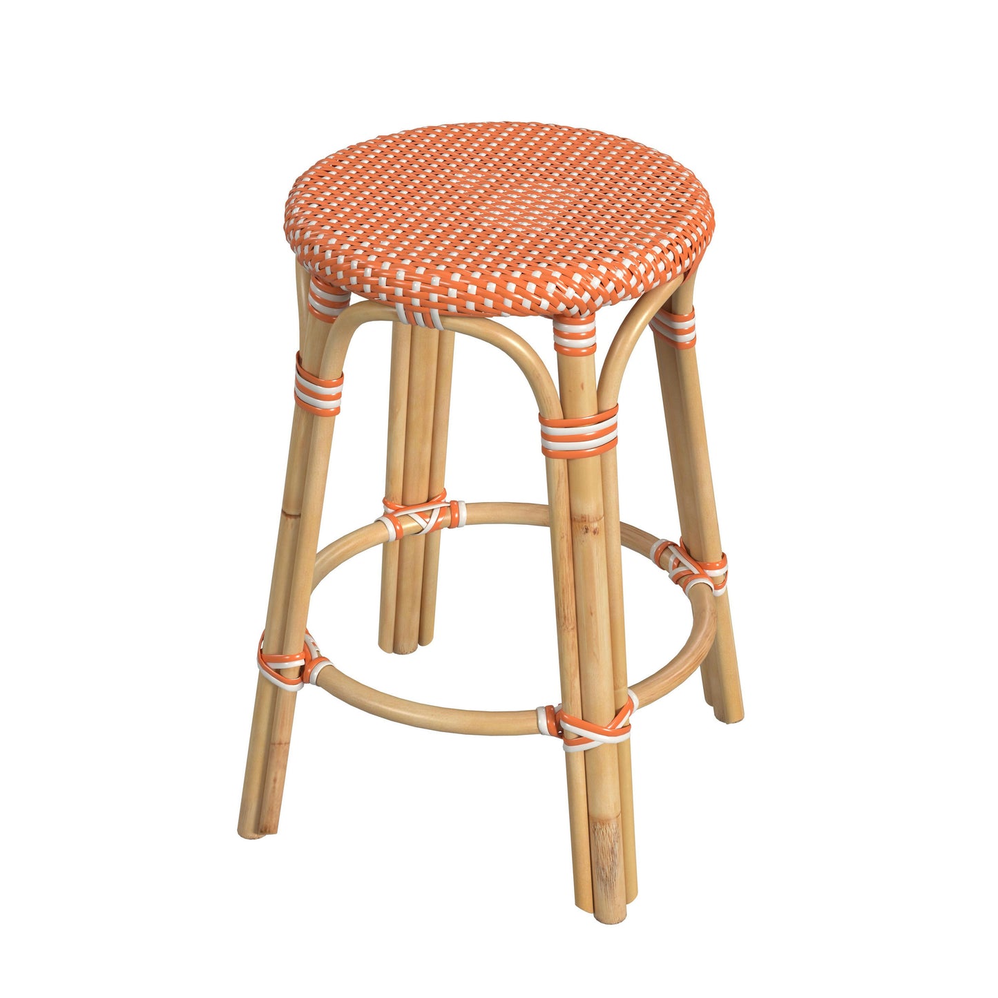 Tobias Rattan Round 24" Counter Stool, Orange and White Dot