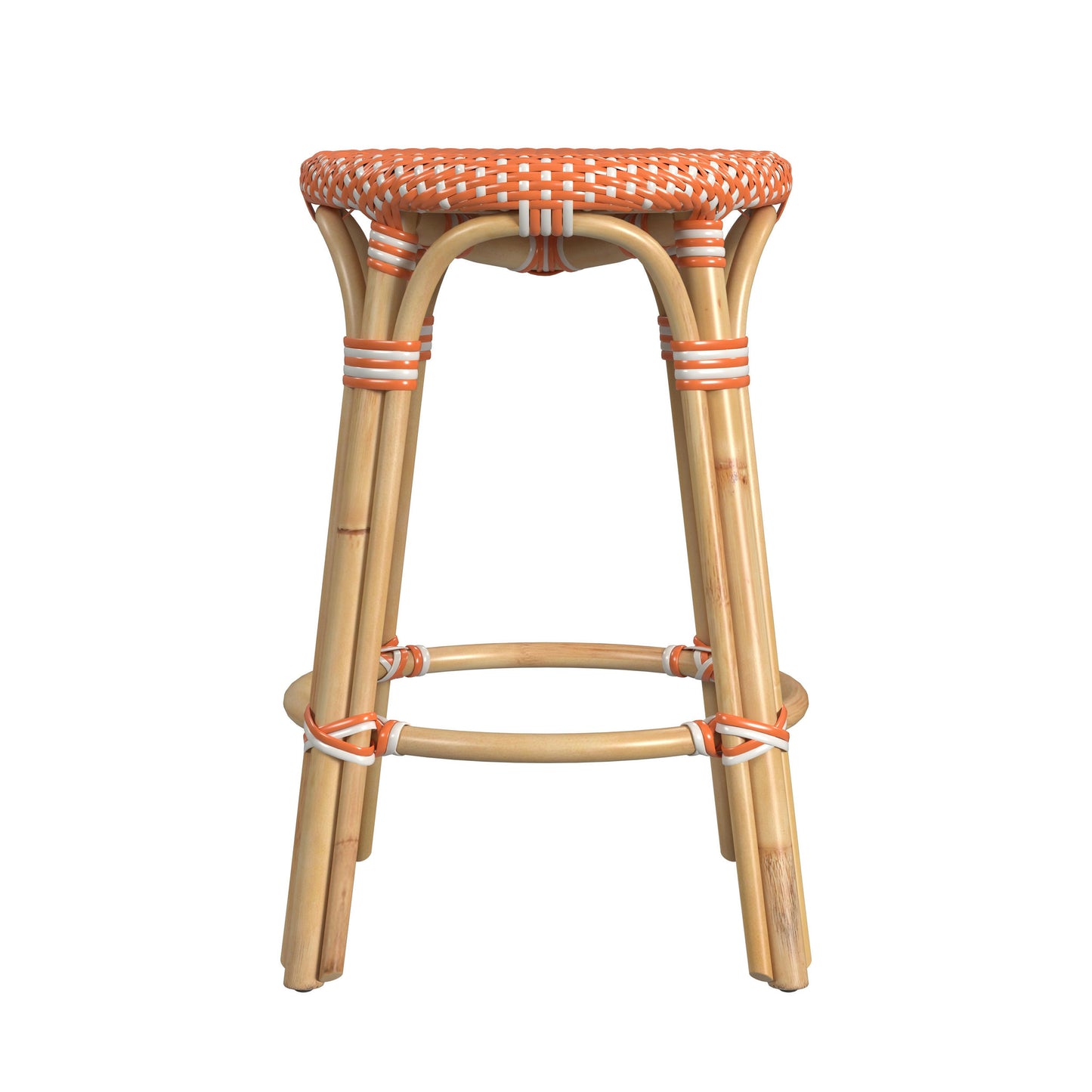 Tobias Rattan Round 24" Counter Stool, Orange and White Dot