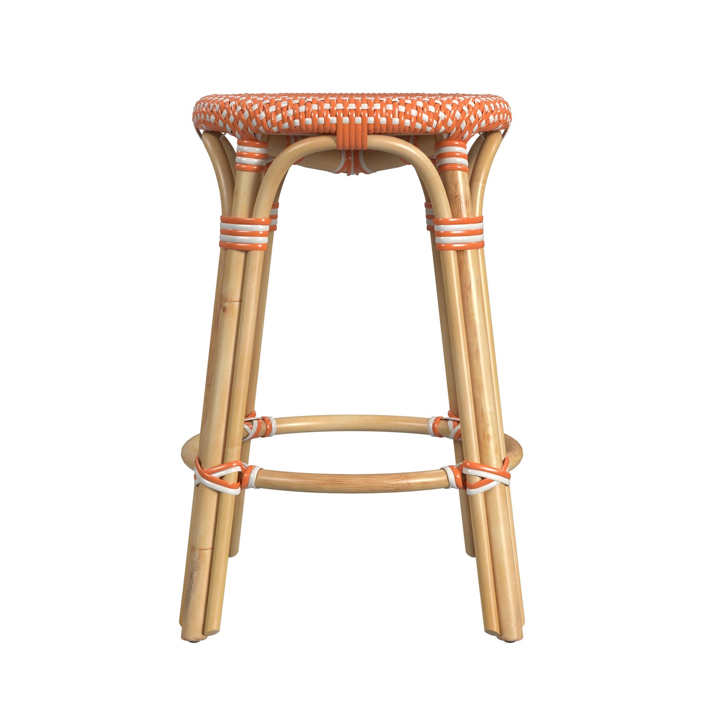 Tobias Rattan Round 24" Counter Stool, Orange and White Dot