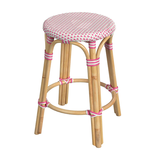 Tobias Rattan Round 24" Counter Stool, White and Pink Dot