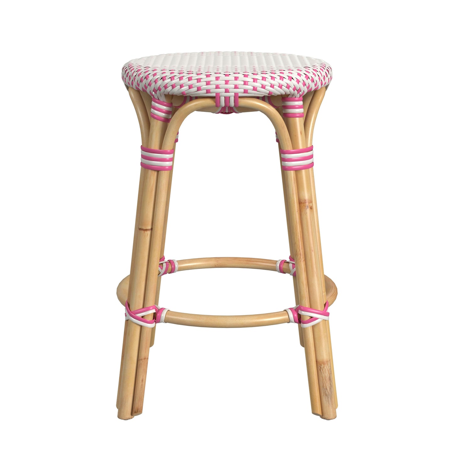 Tobias Rattan Round 24" Counter Stool, White and Pink Dot