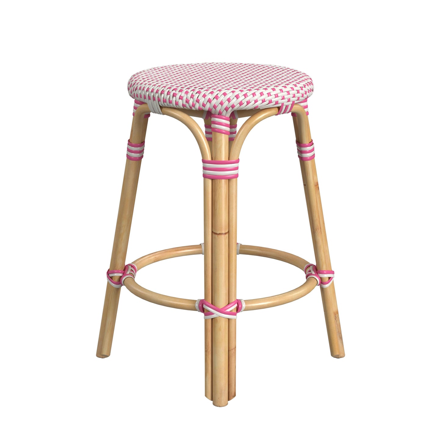 Tobias Rattan Round 24" Counter Stool, White and Pink Dot