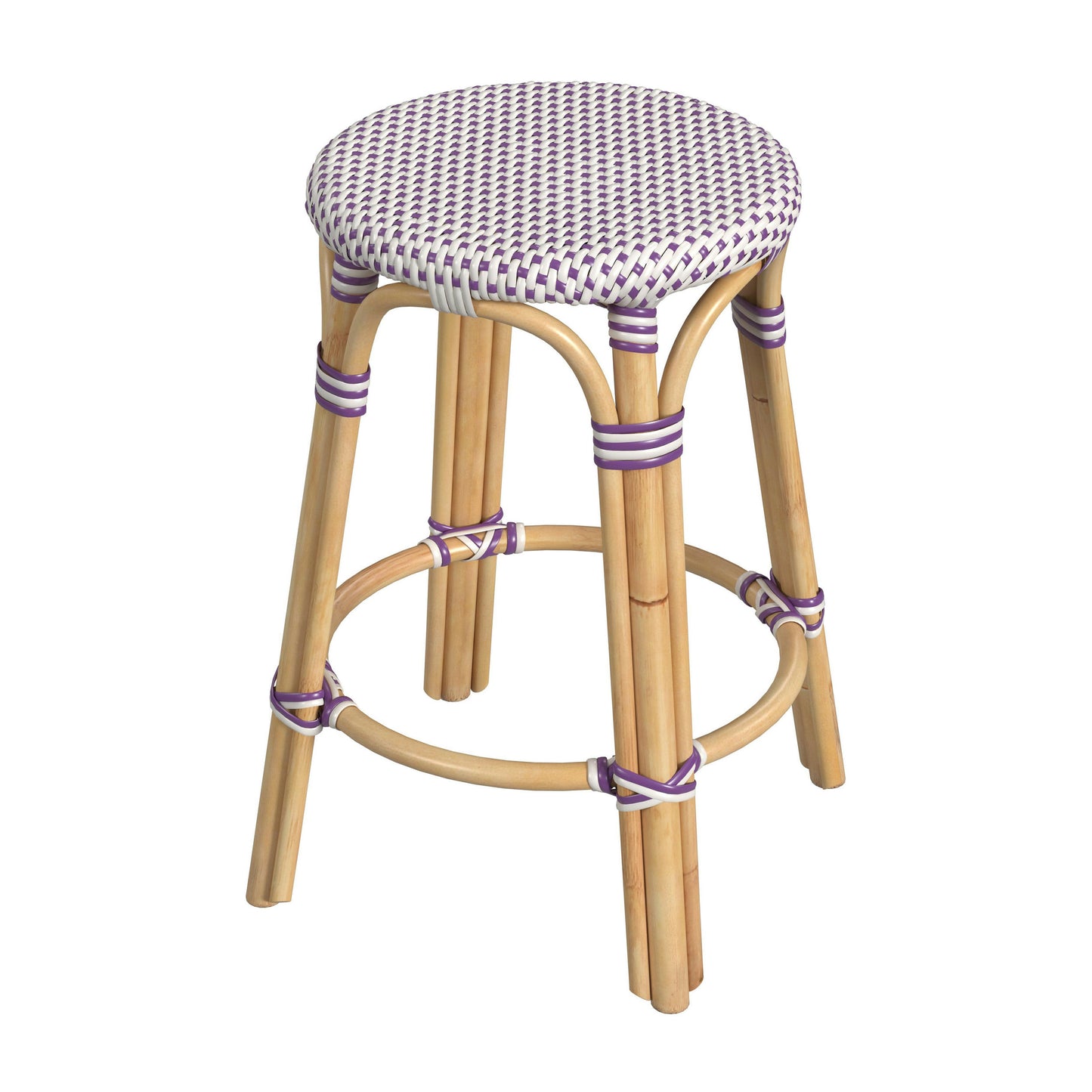 Tobias Rattan Round 24" Counter Stool, White and Purple Dot