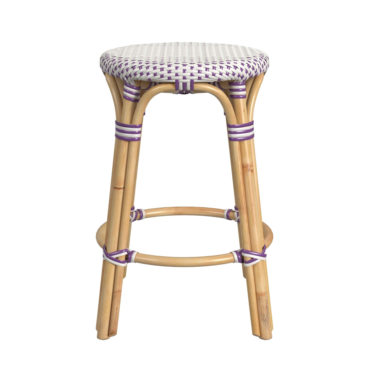 Tobias Rattan Round 24" Counter Stool, White and Purple Dot