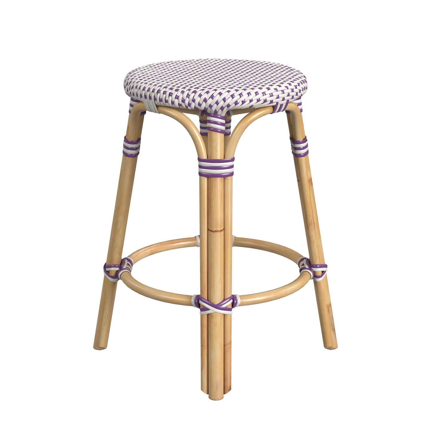 Tobias Rattan Round 24" Counter Stool, White and Purple Dot