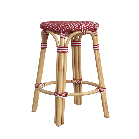 Tobias Rattan Round 24" Counter Stool, Red and White Dot