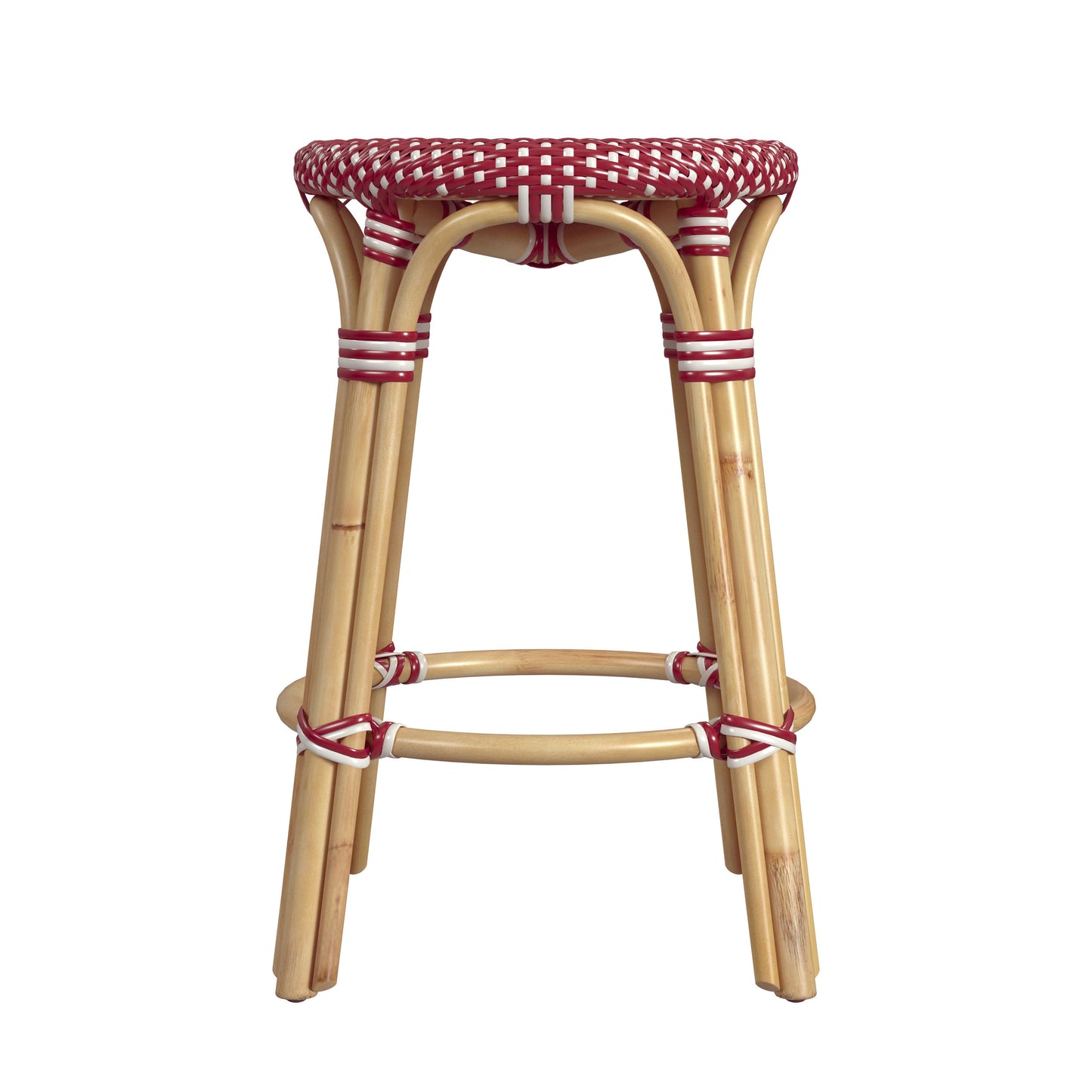 Tobias Rattan Round 24" Counter Stool, Red and White Dot