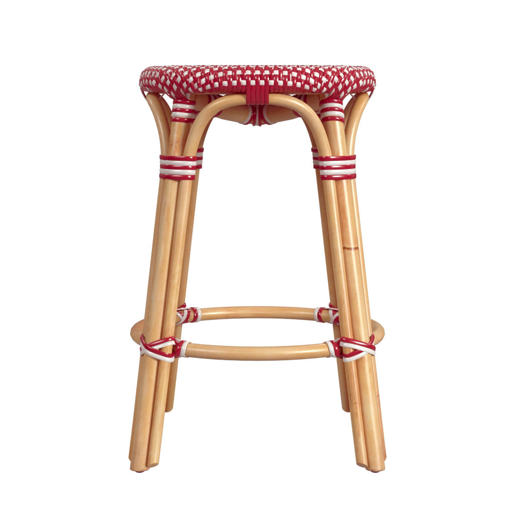 Tobias Rattan Round 24" Counter Stool, Red and White Dot