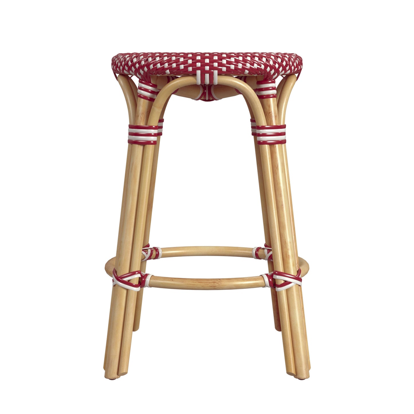 Tobias Rattan Round 24" Counter Stool, Red and White Dot