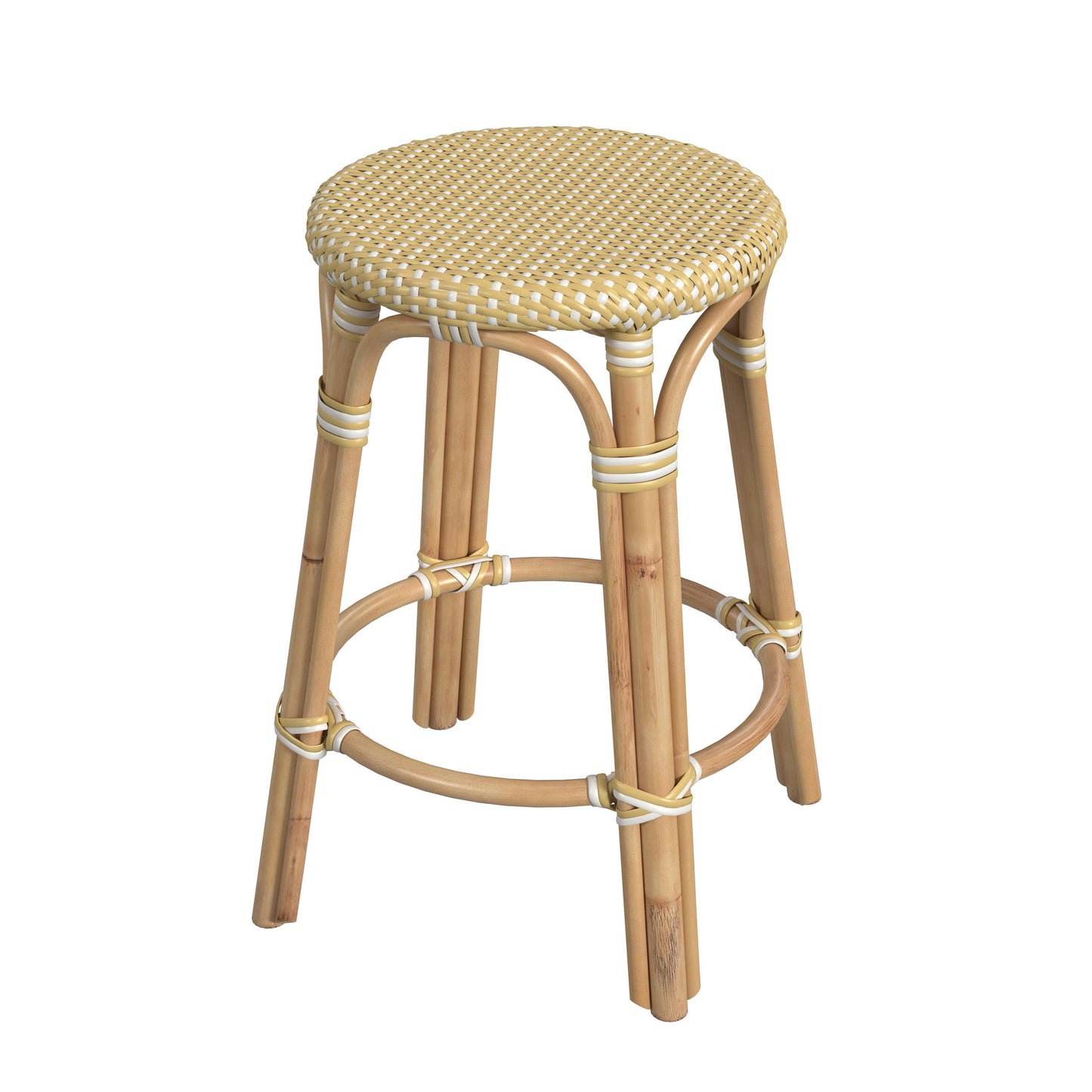 Tobias Rattan Round 24" Counter Stool, Yellow and White Dot