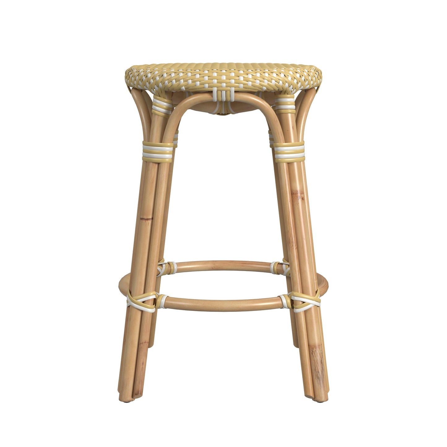 Tobias Rattan Round 24" Counter Stool, Yellow and White Dot