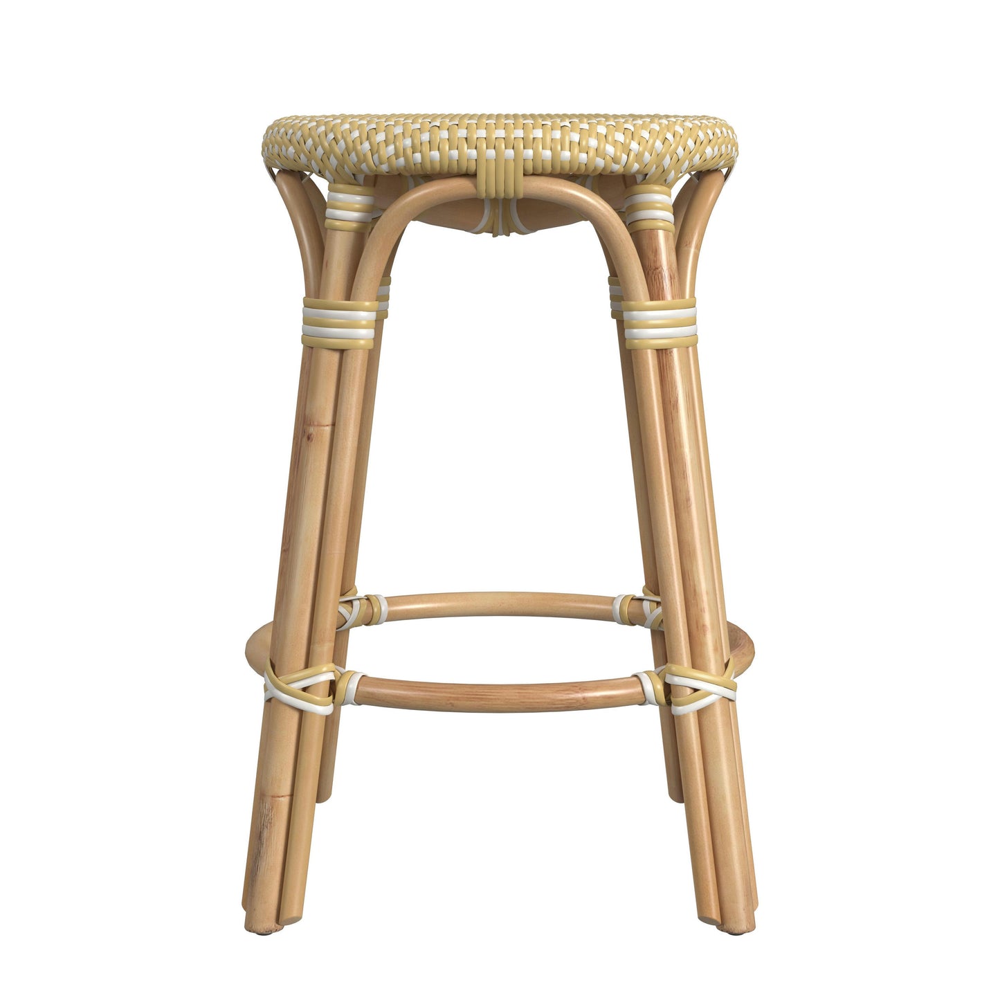 Tobias Rattan Round 24" Counter Stool, Yellow and White Dot