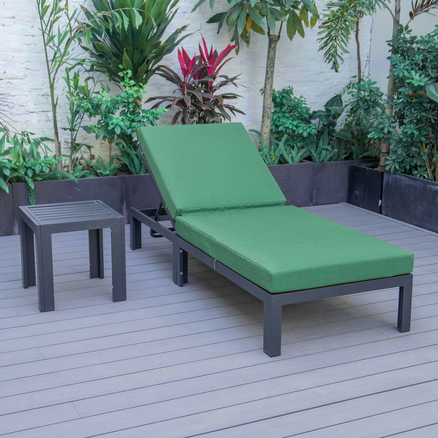 LeisureMod Chelsea Modern Outdoor Chaise Lounge Chair With Side Table & Cushions