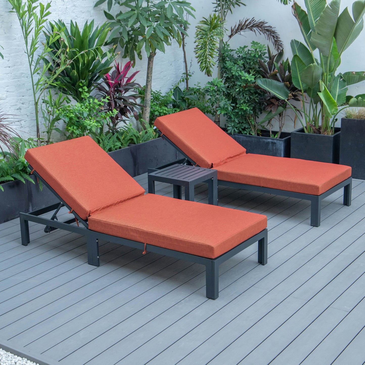 LeisureMod Chelsea Modern Outdoor Chaise Lounge Chair Set of 2- Orange