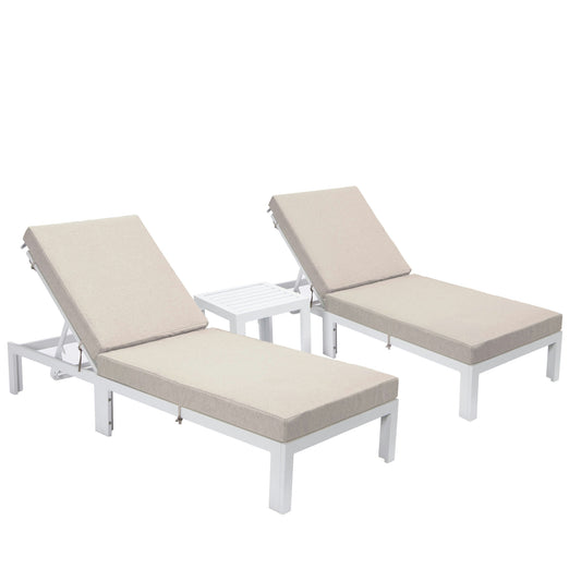 LeisureMod Chelsea White Lounge Chair Set of 2 With Side Table - Beige