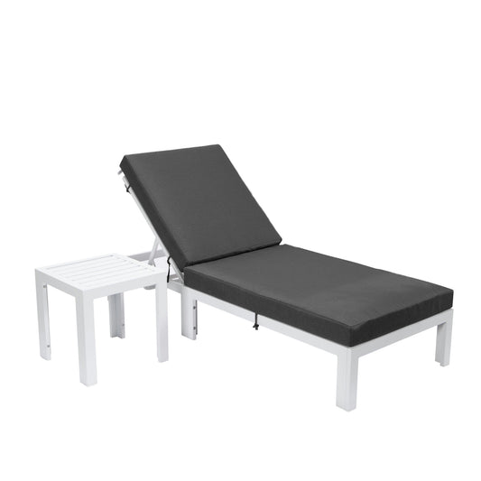 LeisureMod Chelsea Outdoor White Lounge Chair With Side Table & Cushions- Black