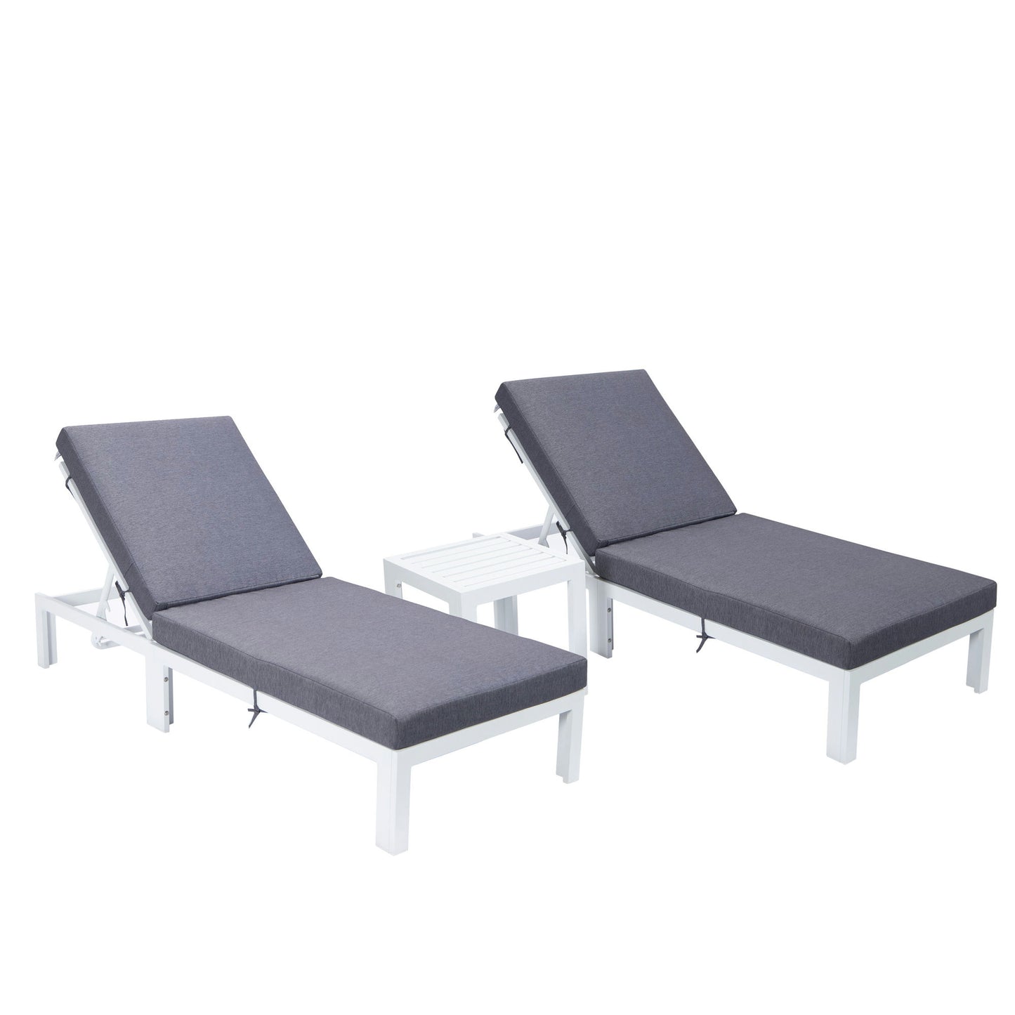 LeisureMod Chelsea White Lounge Chair Set of 2 With Side Table & Cushions - Blue