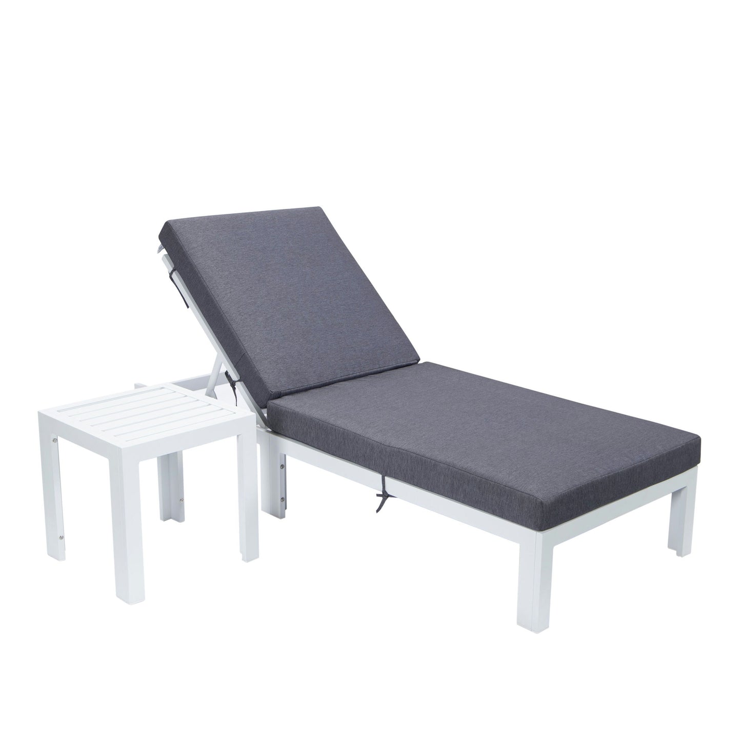 LeisureMod Chelsea Outdoor White Lounge Chair With Side Table & Cushions - Blue