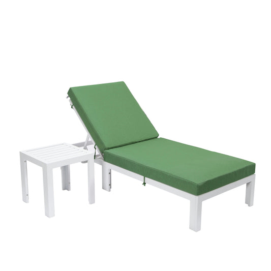 LeisureMod Chelsea Outdoor White Lounge Chair With Side Table & Cushions - Green